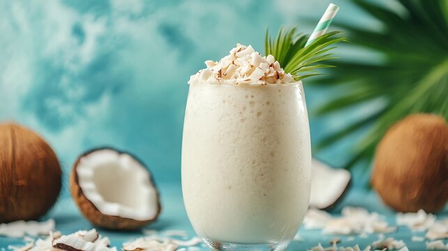 Chilled coconut milkshake topped coconut flakes tropical background cool refreshing tone beach vibe