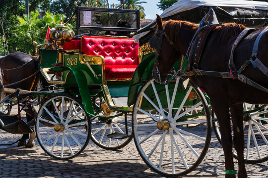 Vibrant vintage horse-drawn carriage with red seats on sunlit cobblestone street. Marrakesh, Morocco