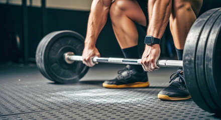 Low-angle, close-up shot of a man preparing to deadlift a heavy barbell, gripping the bar on a chalked rubber gym floor. Intense strength training