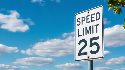 Clear blue sky with fluffy clouds behind a crisp speed limit 25 sign suggesting caution and safety