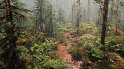 Fototapeta premium Rainforest with Dense Vegetation and Falling Rain in a Tropical Forest Scene