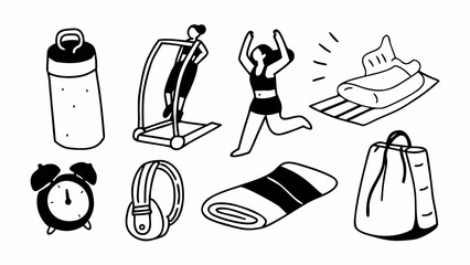 Doodle set of 10 morning gym habits vector illustration scalable icon pack
