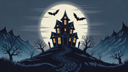 Fototapeta premium Spooky haunted mansion glows under a full moon with bats flying ominously overhead