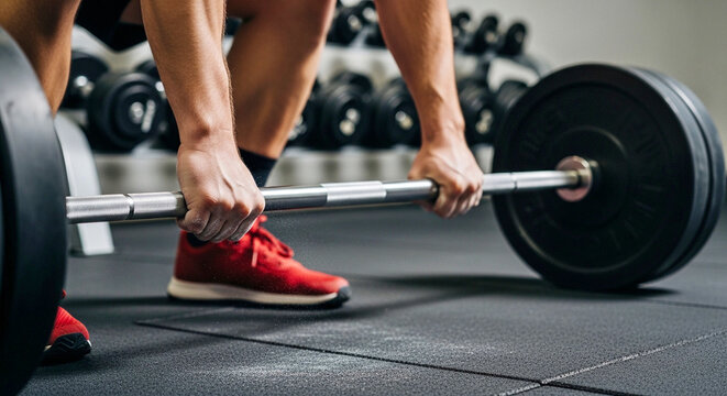 Close-up of a weightlifter preparing to perform a heavy deadlift, gripping the barbell tightly on a black rubber gym floor