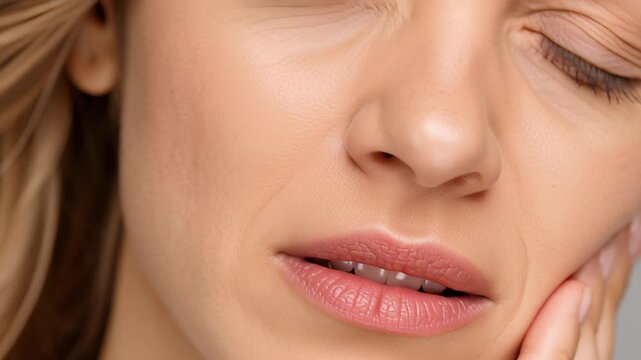 Close-up of a young woman with a severe toothache, exposing her white teeth and feeling pain as she touches her cheek
