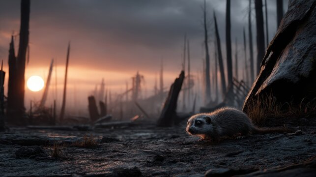 Small Mole Rat in Burned Forest Scene During Sunset with Charred Trees and Rocks
