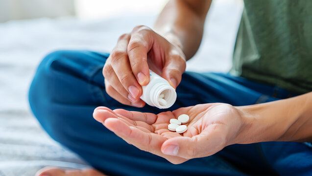 Close-up of hands pouring white pills from a bottle into an open palm tablets