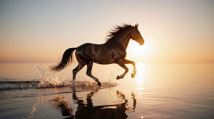 A majestic horse running gracefully across shallow water at sunset.