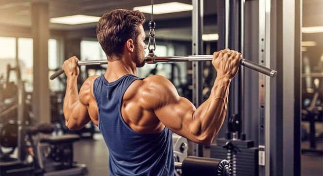 A muscular man performs a lat pulldown exercise in a modern gym, focusing on building a powerful and defined back and upper body