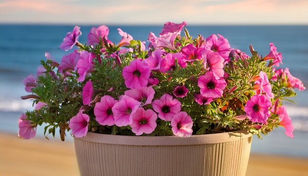 vibrant double pink flowers of calibrachoa parviflora blooming in a seaside pot