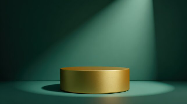 Elegant display with golden circular podium on green background for product presentation