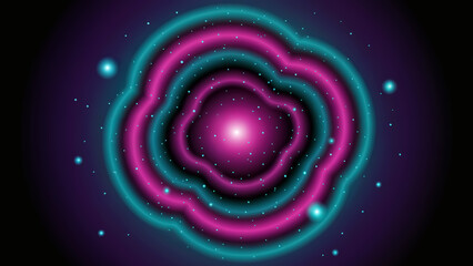 Vibrant cosmic nebula with glowing pink and teal rings sparkling stars and bright center light