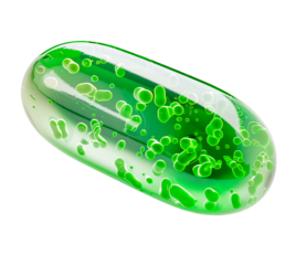 Hyperrealistic three-dimensional (3D) image of an isolated, elongated transparent gel capsule on a transparent background.