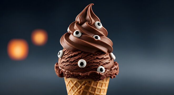 Spooky chocolate ice cream cone with candy eyeballs for Halloween.