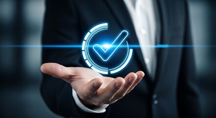 Successful businessman offers a modern solution with glowing checkmark, promising quality and assurance for your business needs today