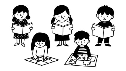 Doodle illustration set of diverse children reading books and playing puzzles vector art