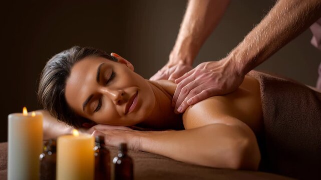 Relaxed woman enjoying shoulder massage with candle and oil in spa room creating calm relaxation atmosphere for wellness