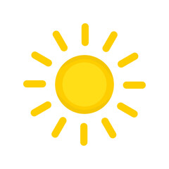 Sun icon. Bright yellow sol symbol with rays in childish simple style.ai