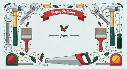 Holiday greeting card design with tools and festive decorations  