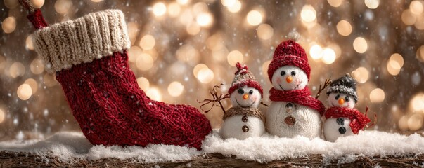 Festive christmas scene with knitted stocking and snowmen decoration for holiday celebration