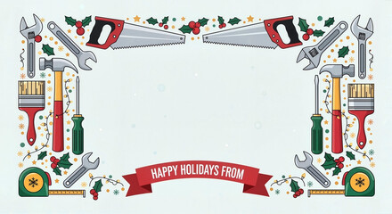 Holiday greeting card design featuring tools and festive decorations  