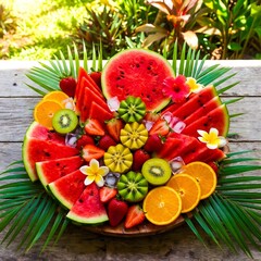Bright tropical fruit platter with watermelon, kiwi, berries and citrus, fresh healthy food style.