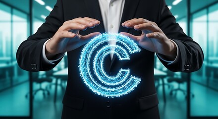 Elegant business man protects digital copyright with glowing blue technology in professional corporate office setting, protecting intellectual property rights