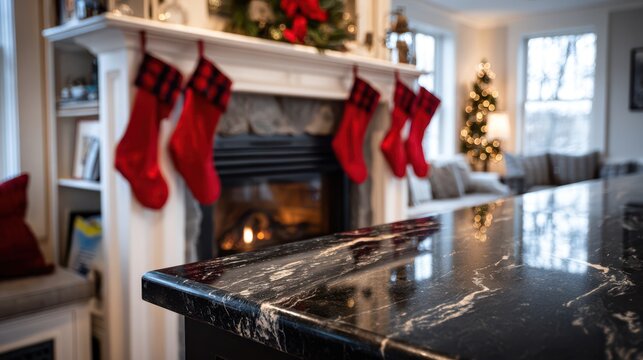 Elegant black marble countertop with festive living room ambiance and christmas decor - Powered by Adobe