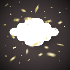Golden Confetti Burst with Ornate Blank Label on Dark Background frame for text. Vector templates for wedding invitation, greeting card, packaging, branding, design, social or media