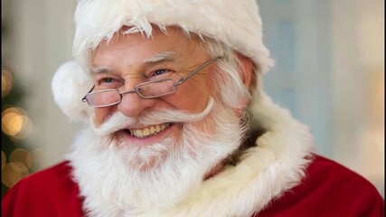 Genuine image of a merry santa claus with a flowing white beard and spectacles, gazing directly towards the camera and chuckling heartily with joy, set against a softly unfocused backdrop - Powered by Adobe