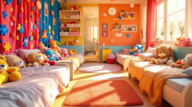Colorful child's bedroom with plush teddy bears and bright decor
