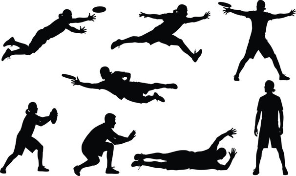 Black silhouette vector set of Ultimate Frisbee players diving and throwing, symbolizing intense competition, agility, athletic fitness, team sport, and outdoor fun.