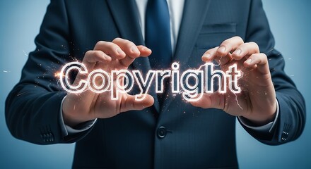 Protect your ideas with strong copyright enforcement - Businessman holding glowing copyright text to emphasize legal protection and ownership rights