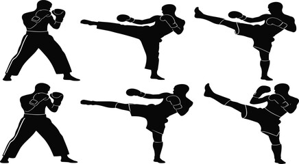 Set of six dynamic kickboxing and martial arts fighter silhouette vectors demonstrating various attack poses, including punches and high kicks for combat sports.