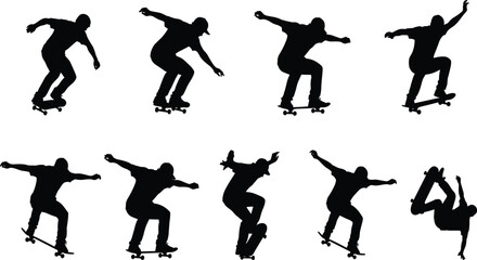 Black silhouette vector set of skateboarders performing tricks, riding, and jumping, symbolizing extreme sport, youth culture, street style, energy, and freedom.