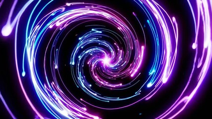 Glowing blue and purple light streaks form a captivating spiral galaxy swirl, moving towards a radiant center against a dark backdrop, providing a modern and imaginative visual impact - Powered by Adobe
