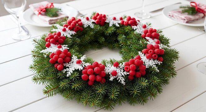 Christmas wreath with red berries and silver snowflakes on a white table. Festive holiday decoration for dining background during winter season.