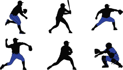 Dynamic baseball player silhouette vector set featuring various action poses: pitching, batting, catching, and fielding for sports design and team logos.