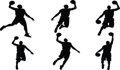 Basketball Players Action Silhouettes Set, Showing Dynamic Jumping, Dunking, and Scoring Movements for Sports, Competition, and Athletic Performance Concepts, Isolated on White Background. © Sujoy