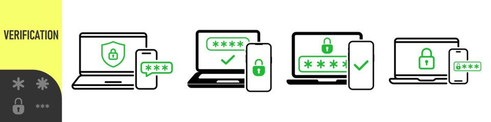 Two steps authentication icon. Verification or sms with code message confirmation for account login. Multi-factor authentication verification code. Laptop password verification or sms with push code