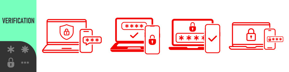 Two steps authentication icon. Verification or sms with code message confirmation for account login. Multi-factor authentication verification code. Laptop password verification or sms with push code
