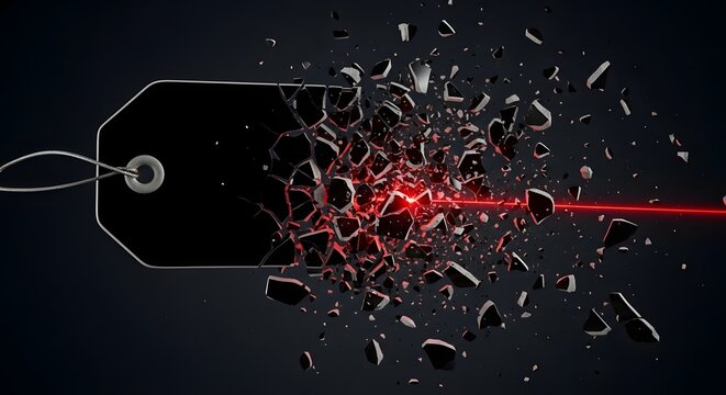 Dramatic laser beam shatters a black price tag, symbolizing discount destruction, clearance sale, or broken pricing strategy in a modern and edgy style.