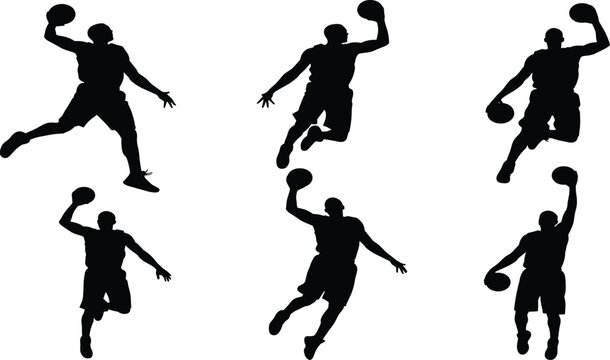 Basketball Players Action Silhouettes Set, Showing Dynamic Jumping, Dunking, and Scoring Movements for Sports, Competition, and Athletic Performance Concepts, Isolated on White Background.