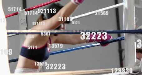 Boxing pro in pink gloves advancing, pressing rival, pushed back into ropes with numeric overlaying