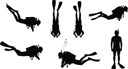 Vector set of dynamic scuba diver silhouettes showcasing various underwater poses, including diving, swimming, floating, and standing for water sport and adventure design.