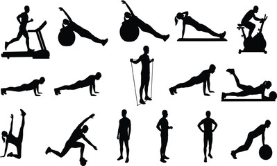 Extensive vector set of fitness workout silhouettes featuring cardio, stretching, core exercises, and gym equipment for health, training, and wellness design.