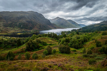Lush green hills and trees surround a tranquil lake under a cloudy mountain sky. Loch Shiel, Glenfinnan, Scotland