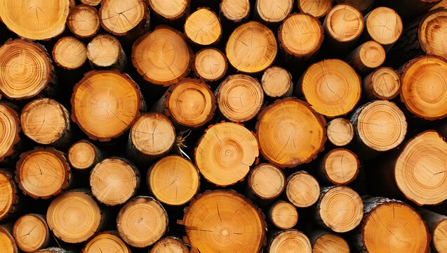 Close-up View of Stacked Cut Tree Logs with Visible Grain and Rings stacked logs wood pile