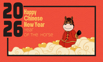 Lunar New Year 2026. Cute mascot sitting on Yuanbao gold ingots and clouds against a red background. Ideal for greeting cards, headers, and festive digital media celebrating prosperity.