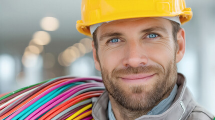 Skilled electrician with bright blue eyes carries colorful wires ready for industrial project success